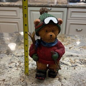 Skiing Bear Figurine with Red Sweater and Green Hat. Vintage.